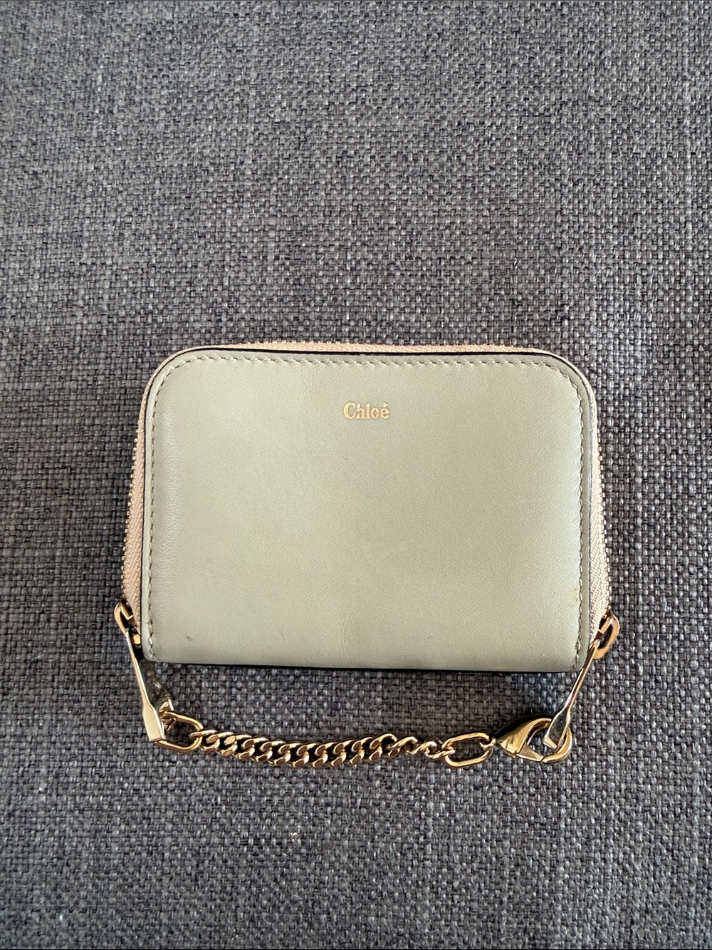 Chloé Sage Green Leather Wallet with Gold Chain Trim
